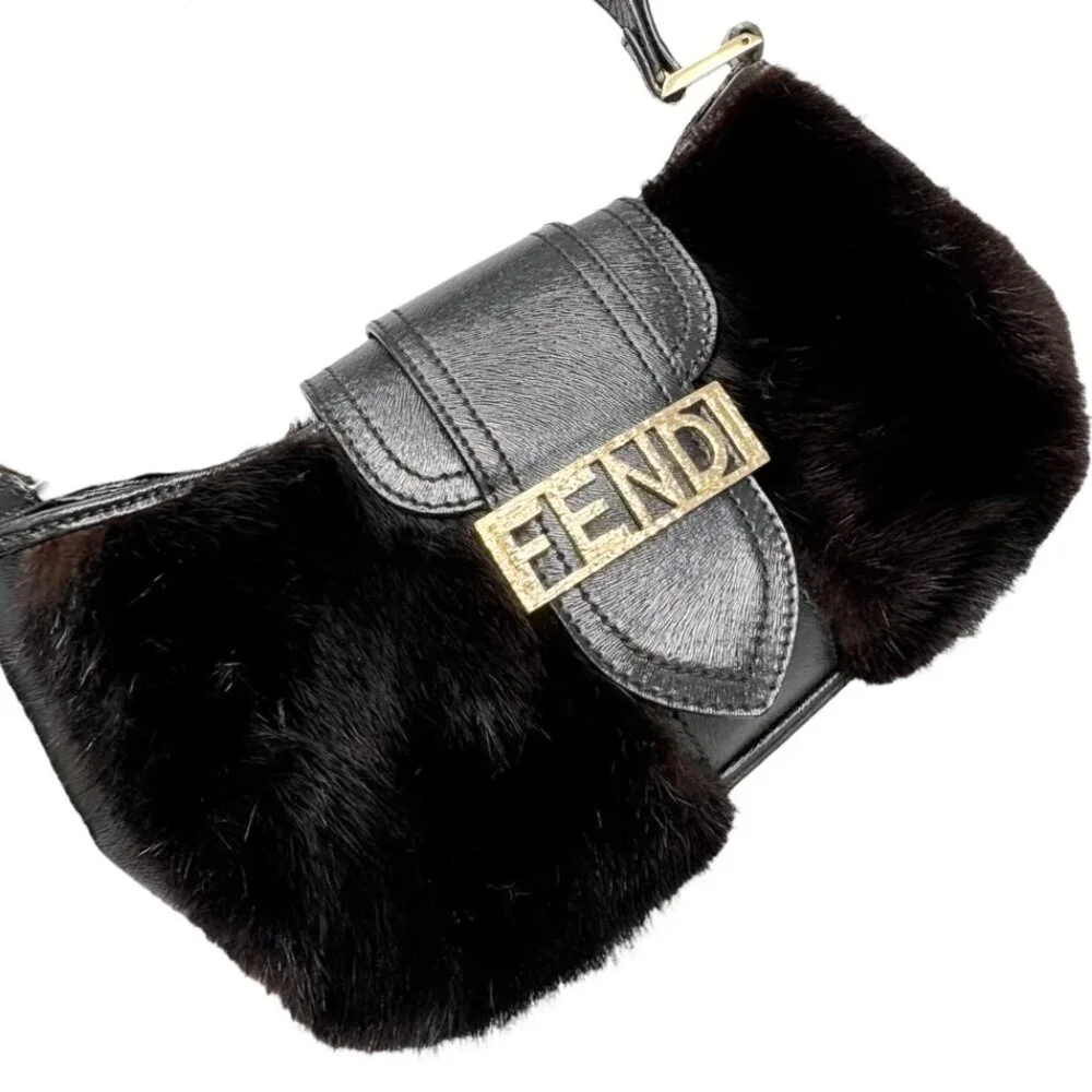 FENDI Vintage Logo Fur Baguette Mini Shoulder Bag Handbag Black Gold [106345] - Picture 9 of 13